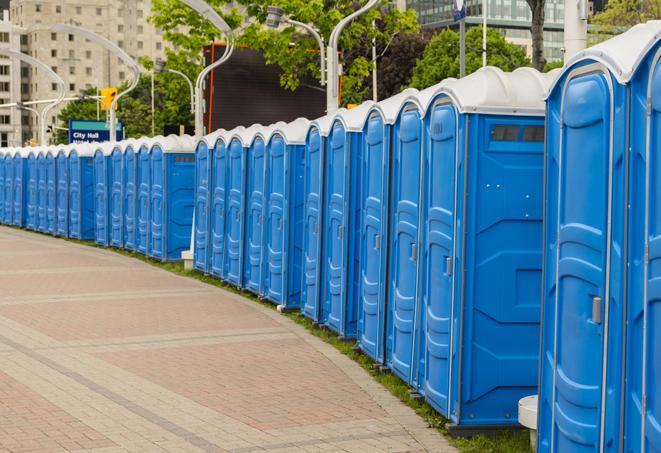 a line of brightly-colored portable restrooms, perfect for outdoor festivals and concerts in Egg Harbor City